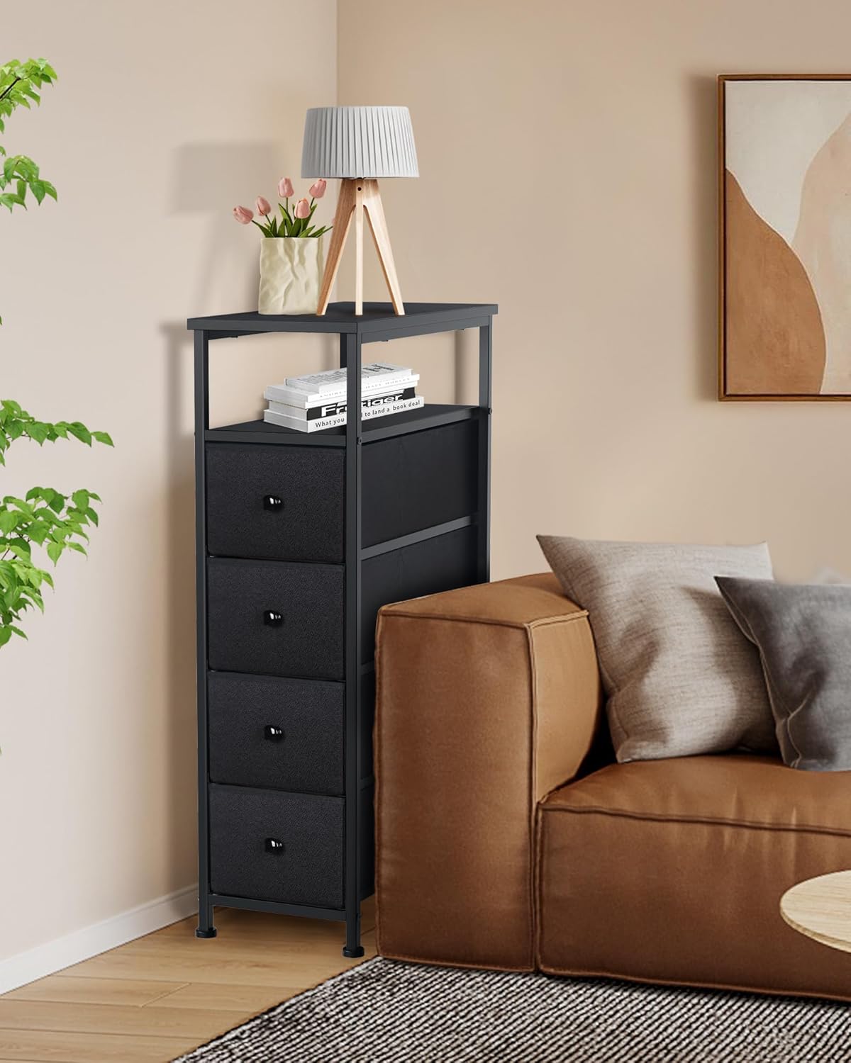 Narrow Dresser for Bedroom, Fabric Tall Dresser & Chests of Drawers with 4 Drawers, Vertical Organizer Storage Tower Unit for Bedroom, Hallway, Entryway Balck
