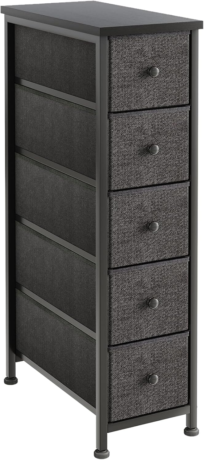 Narrow Dresser, 19" Wide Narrow Nightstand Dresser Storage Tower with 5 Drawers, Slim Fabric Dressers Chest of Drawers for Small Spaces, Wood Top & Fabric Bins for Bedroom Bathroom Closet (Black)