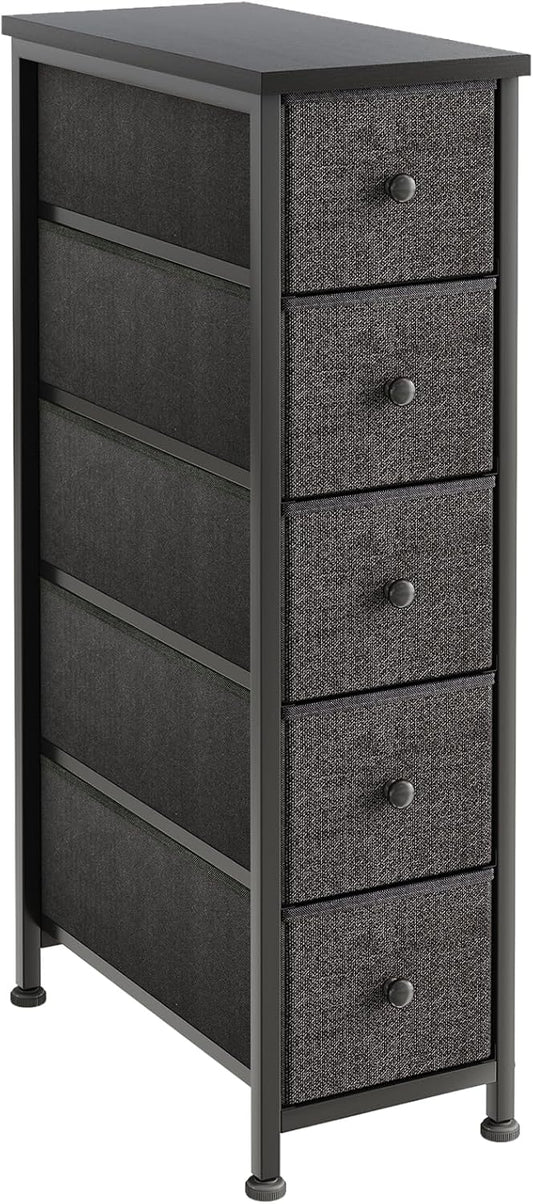 Narrow Dresser, 19" Wide Narrow Nightstand Dresser Storage Tower with 5 Drawers, Slim Fabric Dressers Chest of Drawers for Small Spaces, Wood Top & Fabric Bins for Bedroom Bathroom Closet (Black)