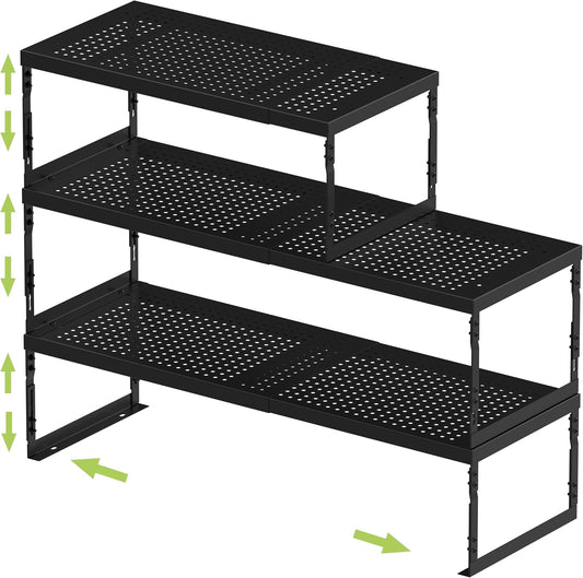 Adjustable Stackable Metal Storage Shelf Organizer - Expandable Wire Rack with Perforations for Kitchen, Pantry, Bathroom, Cabinet & Office-Compact, Durable & Sturdy (3PACKS/Medium/Black)