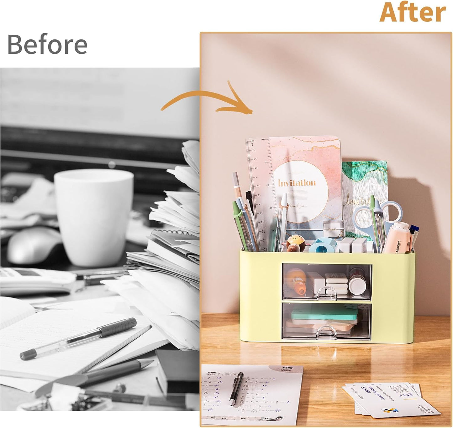 Marbrasse Pen Organizer with 2 Drawer, Multi-Functional Pencil Holder for Desk, Desk Organizers and Accessories with 5 Compartments + Drawer for Office Art Supplies (Yellow)