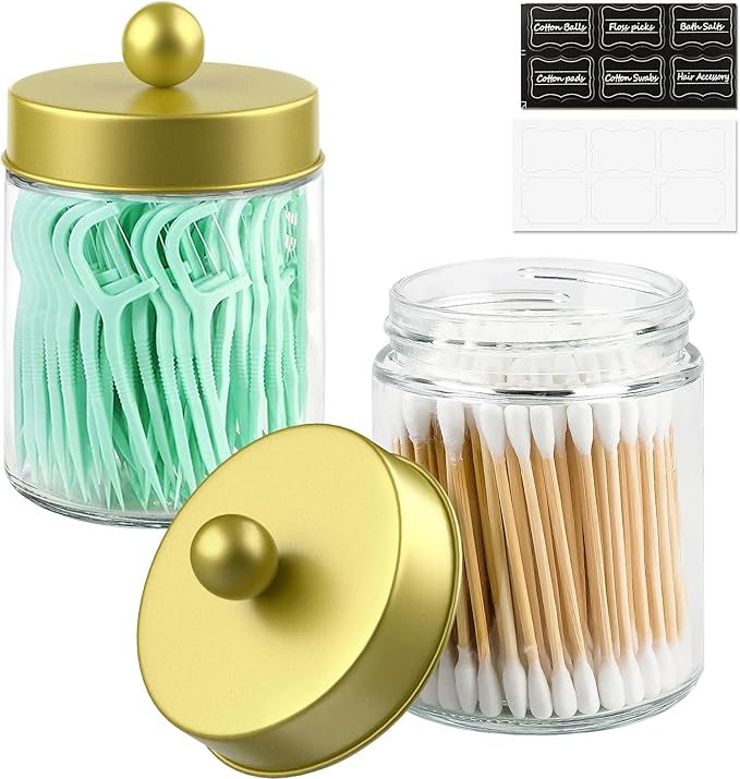 2 Pack Glass Apothecary Jars with Lids for Bathroom, Cute Qtip Holder, Gold Bathroom Accessories Set, Small Bathroom Canisters with Lids for Q-Tips, Cotton Swabs, Gold Bathhouses Decor