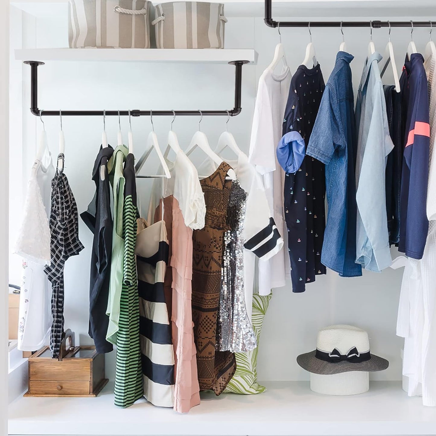 36” Wall Mounted Clothes Rack, Industrial Pipe Black Iron Garment Bar, Heavy-Duty Detachable Clothing Rod, Multi-Purpose Metal Wall display Hanging Pole for Closet Storage (Set of 2)