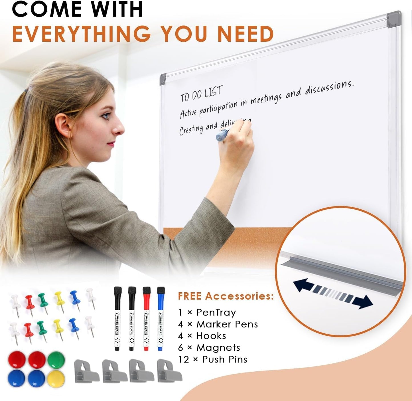 S SWANCROWN Dry Erase Board Cork Board Combo, Magnetic White Board and Bulletin Pin Board Combination,Hanging Wall Mounted Vision Board for Home, School, Office,Silver Frame,24"x18"