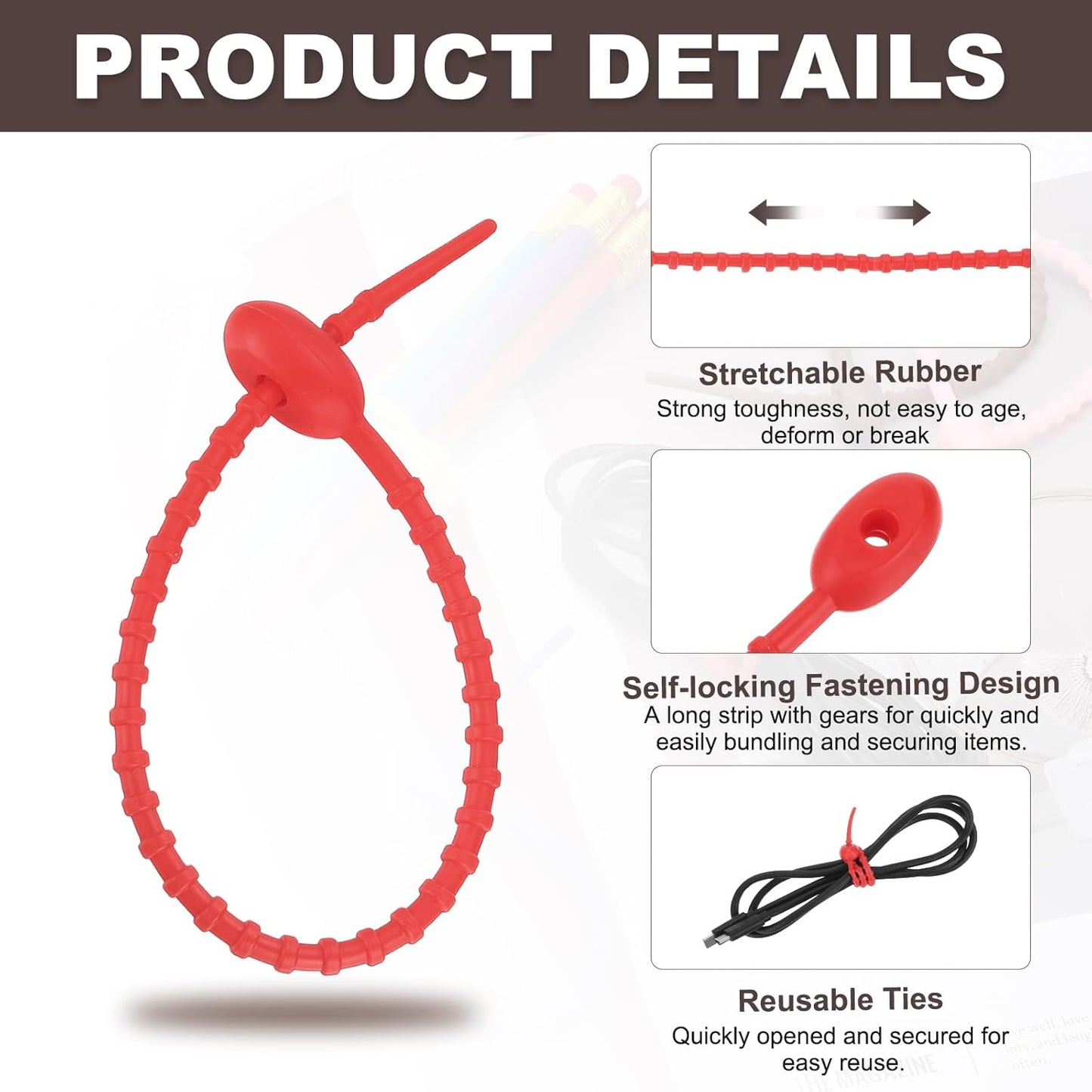 uxcell 20 Pcs Silicone Ties Bag Clip, 8.5 Inch Multi Purpose Silicone Zip Ties Reusable Rubber Zip Tie, Cable Strap Cord Organizer for Home Office Food Bag Wires Cables, Red