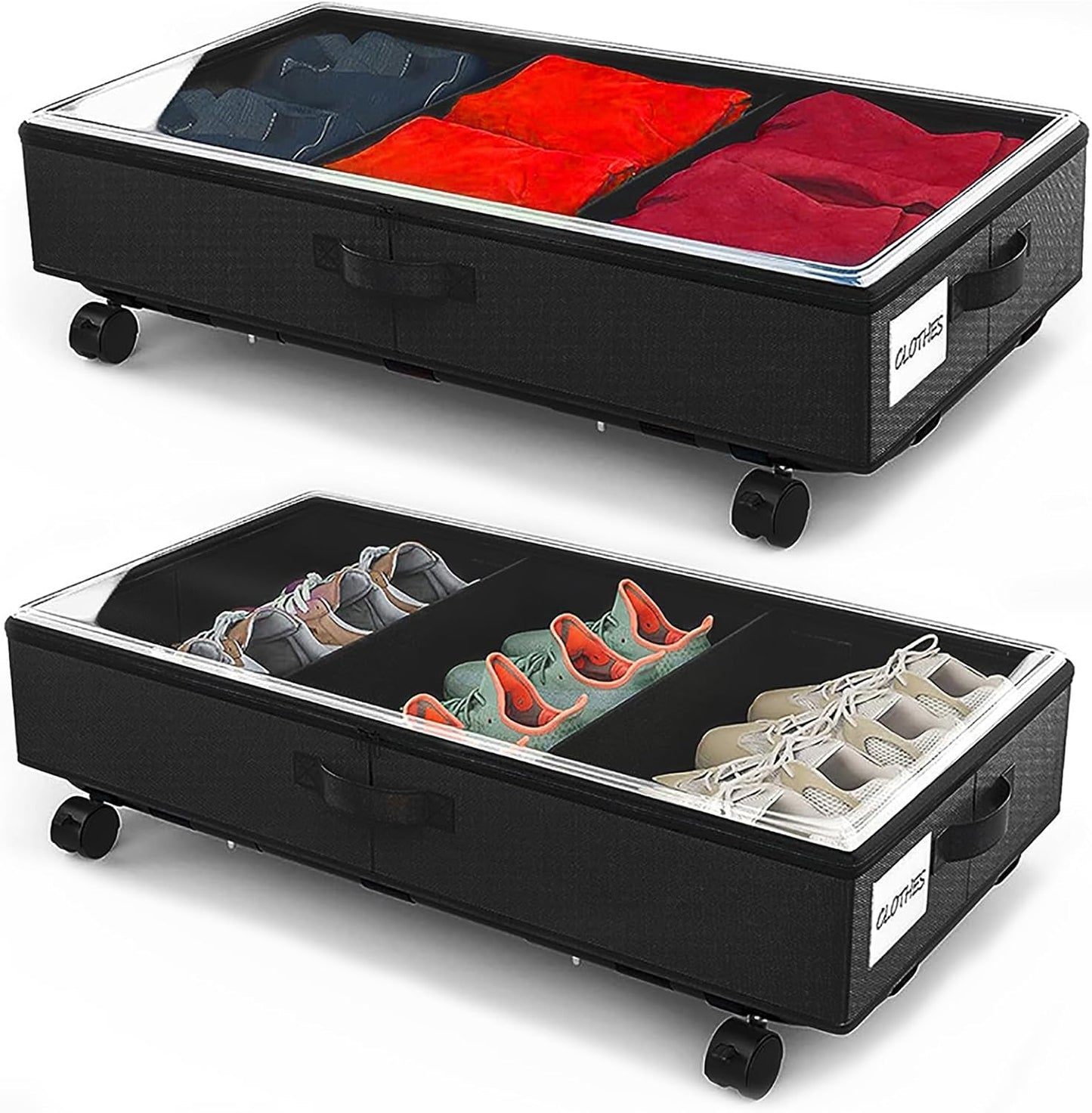 2 Pack Under Bed Storage Rolling Metal Frame Underbed Containers with Wheels Lid Visiable Window Storage Bag Box Organizer Home Closet Organization Drawer Bins for Clothes Shoes Toys Blanketss Black