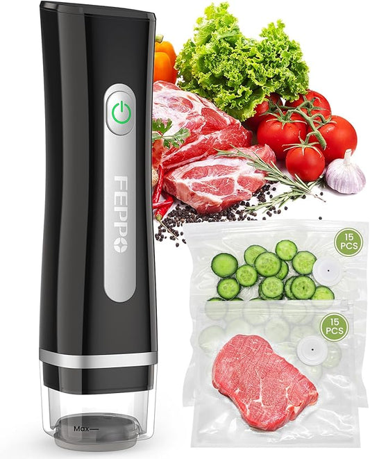 FEPPO Vacuum Sealer for Food with Visible Water Tank, Handheld Saver Compact Vacuum Sealer Machine with 30 Reusable Bags for 6X Preservation & Fresh, Black