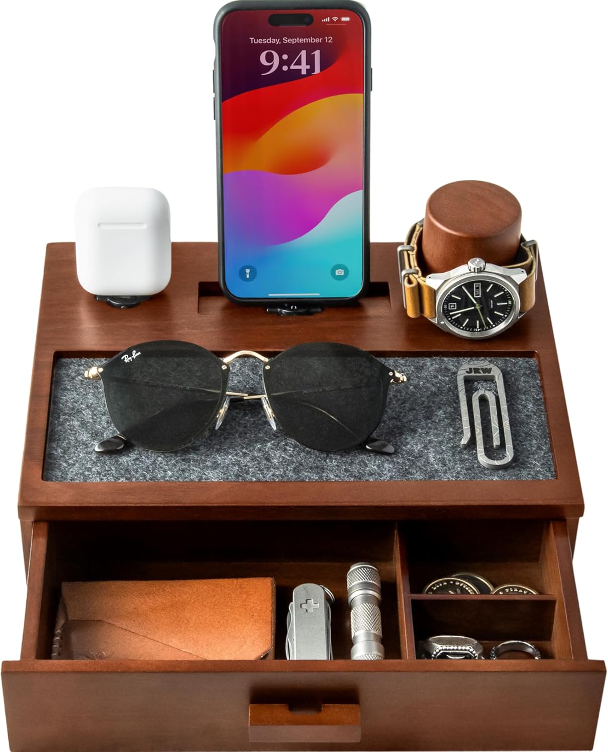 Holme & Hadfield Premium Wooden Phone Docking Station with Drawer – Nightstand Organizer for Charging Phone & Earbuds – Declutter Your Space with Felt-Lined Protection & Watch Pillar - Gift For Men