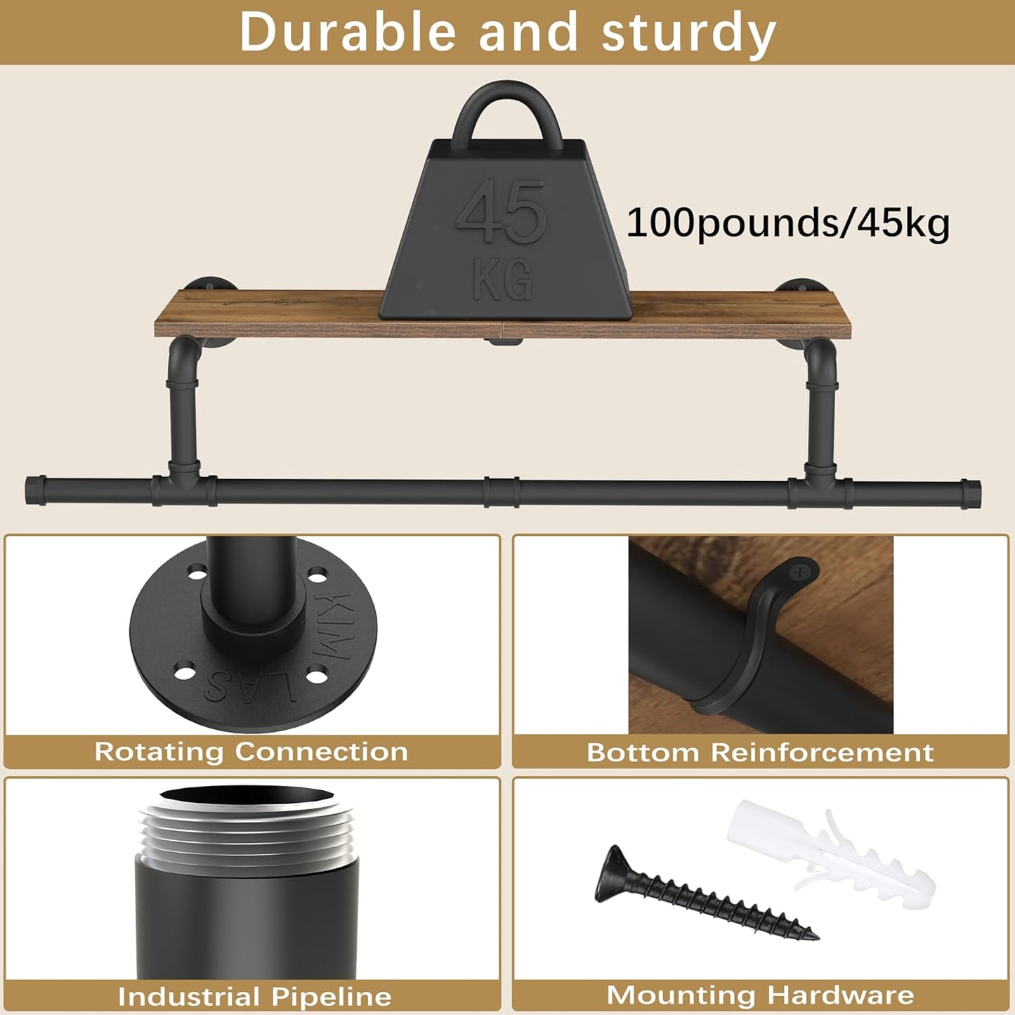 Wall Mounted Clothes Rack with Top Shelf, Space Saver Industrial Pipe Shelving, Heavy Duty Iron Closet Poles, Extension at Both Ends, 37.6×10.2×5.9 Inch, Black