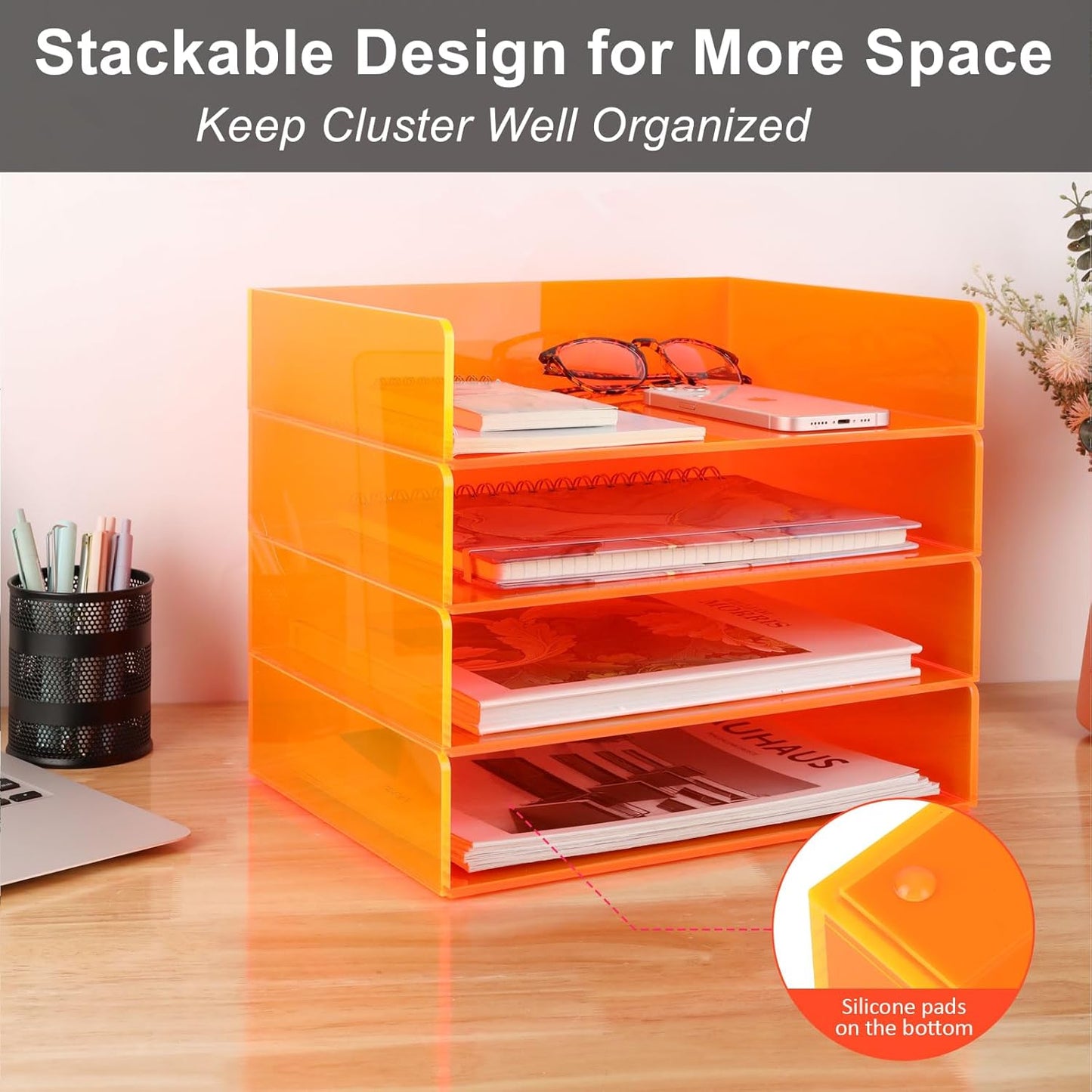 Acrylic File Organizer for Desk 4 Tiered Stackable Letter Tray Office Paper Storage Desktop Document Sorter, Neon Orange