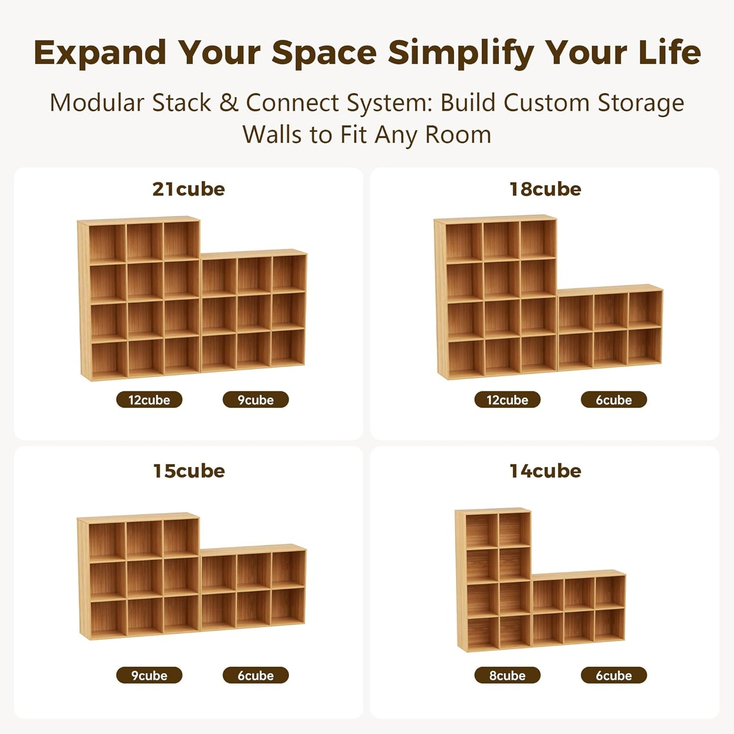 Cube Storage Organizer with Back Panel, 11" x 11" Cubby Shelf, Bookshelf for Home Office, Living Room, Bedroom (Natural, 6-Cube)