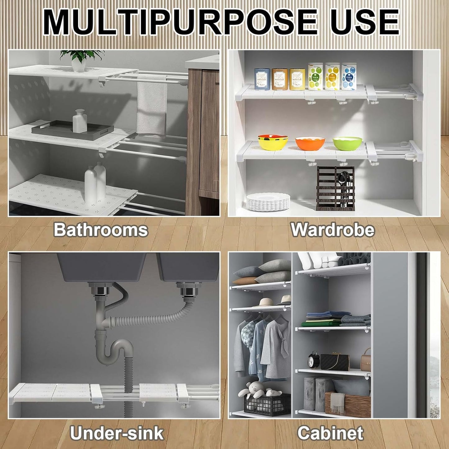 Gerrii 2 Pcs Closet Tension Shelf Rod Expandable Shelf Locker Organizer Adjustable Metal Storage Rack Scalable Layered Divider Separator for Cabinet Wardrobe Kitchen Bathroom (13.98''-24'')