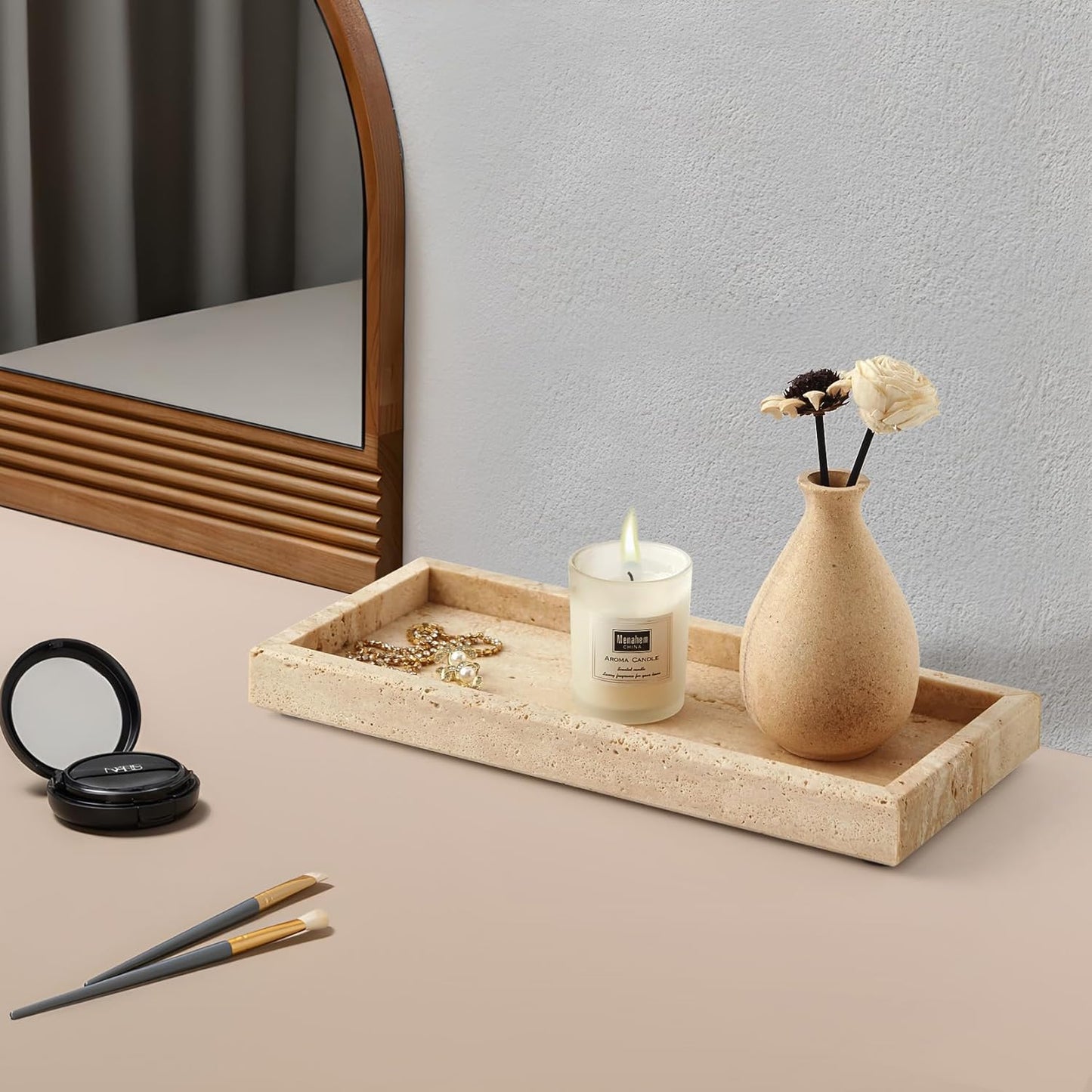 Real Natural Small Marble Tray for Bathroom, Vanity, Kitchen and Desktop, Rectangle Genuine Marble Stone Tray for Jewelry, Cosmetics, Candles, Lotion, Perfume and Home Decor