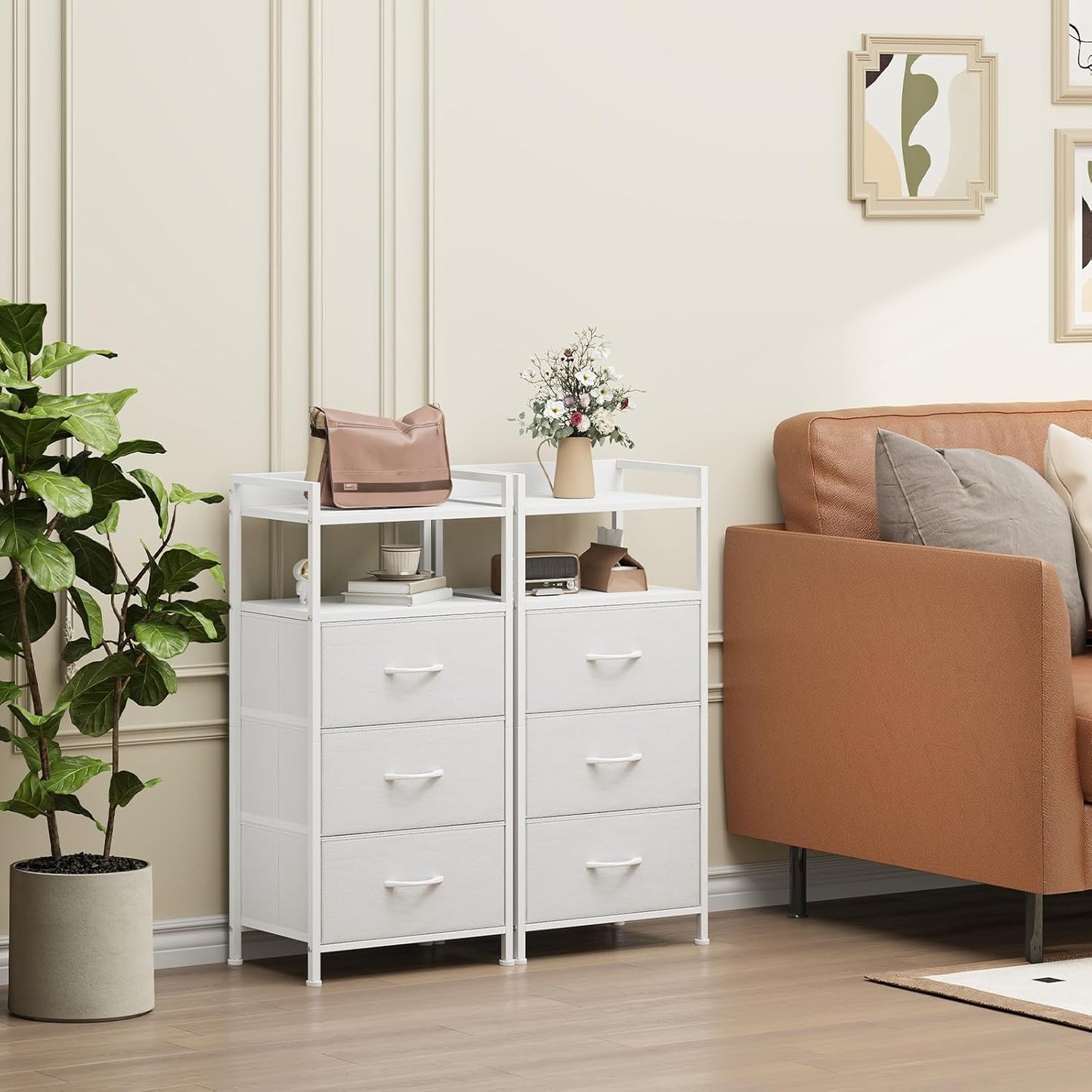 Somdot Nightstand with 3 Drawers, Dresser with Fabric Bins for Bedroom, Hallway, Entryway, Nightstand Bedside Table Furniture, Sturdy Steel Frame, Wooden Top, Easy Pull Fabric Bins, White Leather