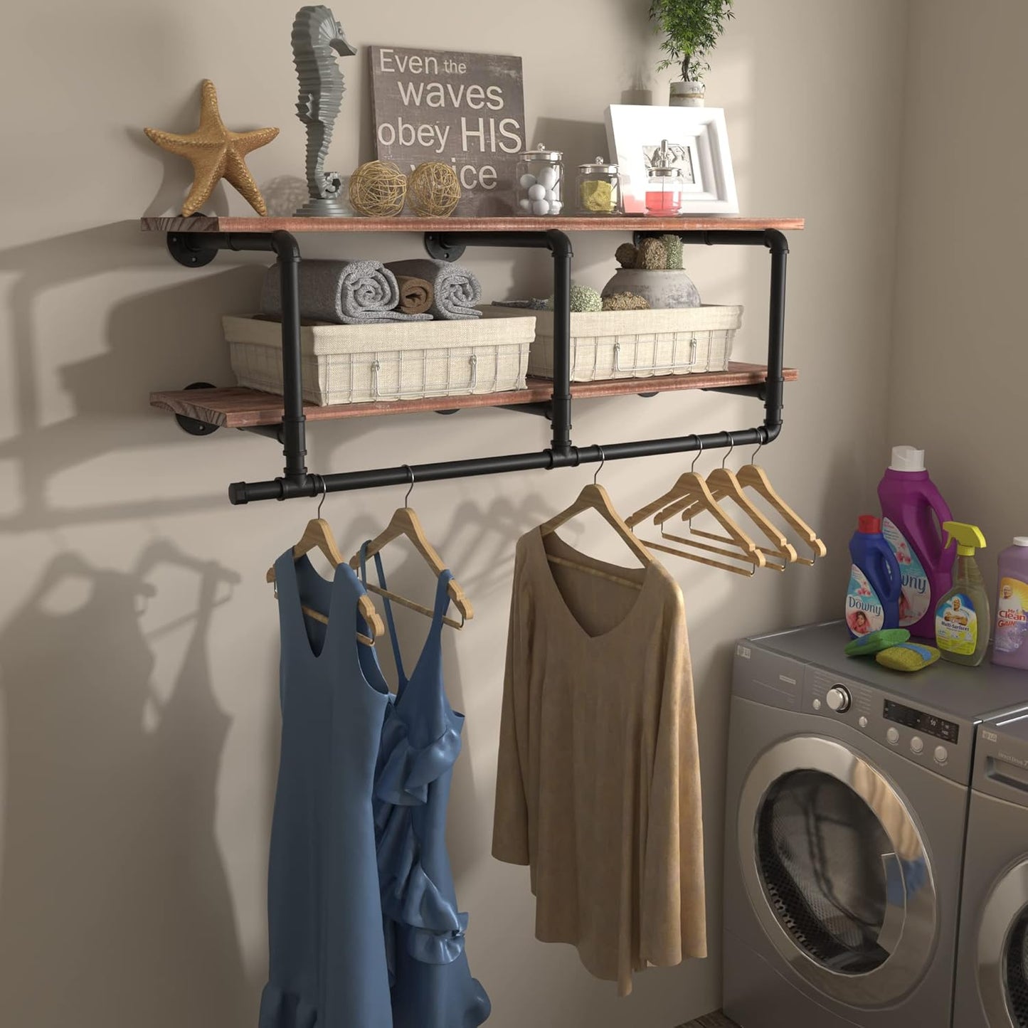 Industrial Pipe Clothing Rack with Top Shelf, Space-Saving Wall Mounted Clothes Rack 2 Tiers, Shelf with Hanging Rod for Closet Storage, Laundry Room. (2Tier, Brown)