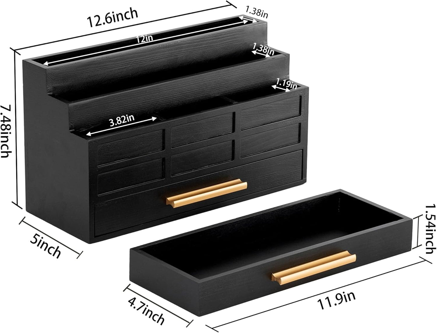 Black Wood Desk Organizer and Accessories with Drawer, Bill Mail Organizer and File Mail Holder for Office Supplies, Rustic Desk Accessories & Workspace Organizers for Desk Organization