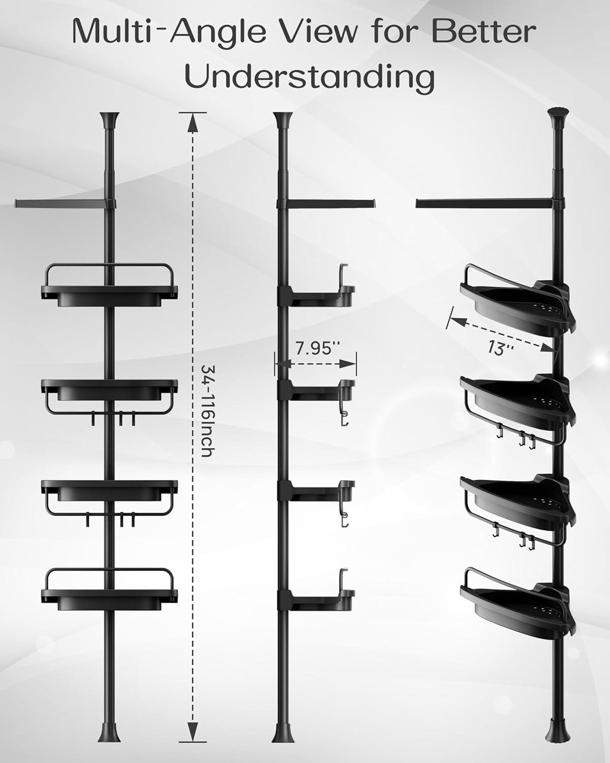 ALLZONE Corner Shower Caddy Tension Pole, Extendable Rustproof Stainless Steel Pole & 4-Tier Adjustable Shelves for Easy Drainage and Built-to-Last Stability, 34 to 116 Inch, Black