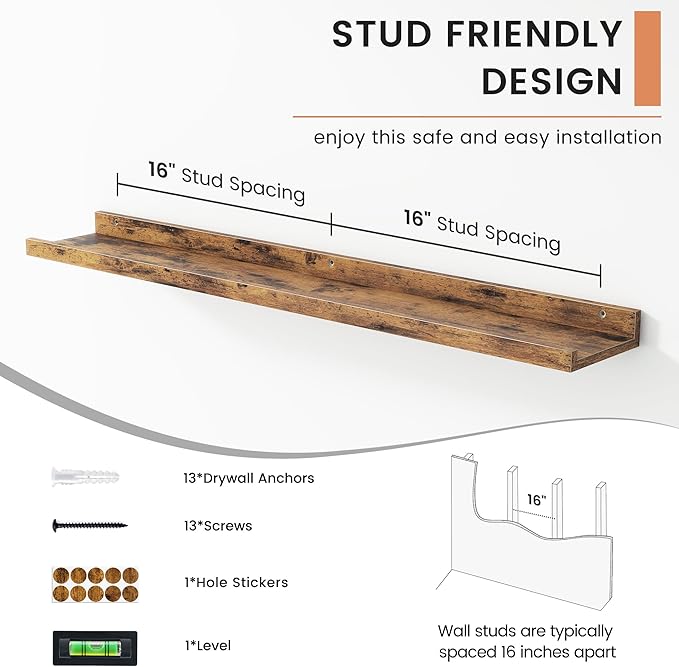 Floating Picture Ledge Shelves Set of 4, 36 Inch Shelves with Lip - Large Nursery Book Shelf for Toys Storage, Kids Bookshelf - Wall Mounted Living Room Bedroom Decor Frames