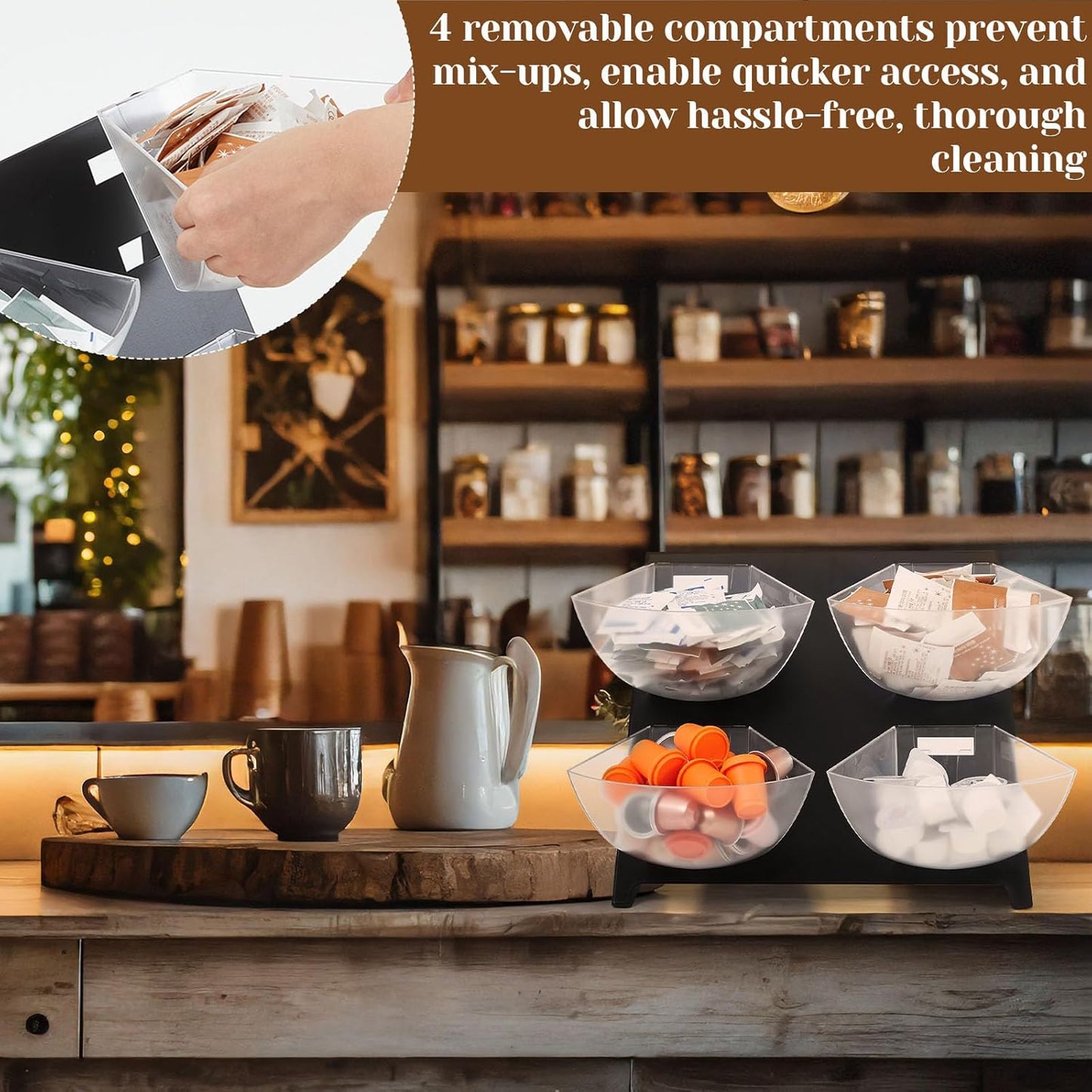 15.5 x 10 x 10.5 Inch Coffee Accessory Caddy with 4 Removable Compartments Steel Condiment Organizer Condiment Packet Sugar Holder for Bar Countertop Break Room Home Kitchen(Black)