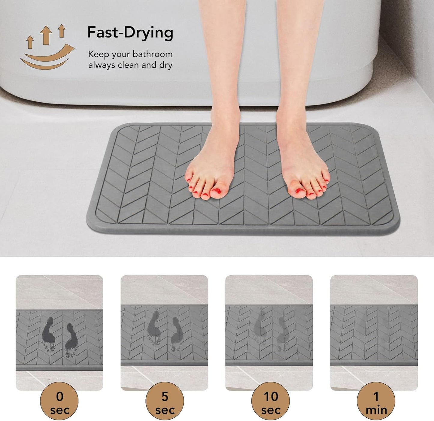 Stone Bath Mat, Diatomaceous Earth Shower Mat, Non-Slip Super Absorbent Quick Drying Bathroom Floor Mat, 2 Pack, Grey