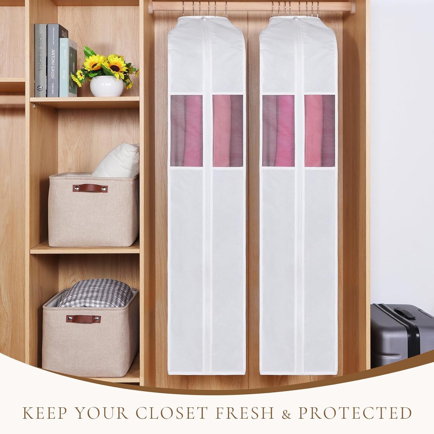 Univivi Premium Cotton Garment Bags for Hanging Clothes and Storage, 60 Inch Washable Dress Bags for Gowns Long, Full Zipper Dust Cover with Extra Large 10" Gusset & Clear Window - 2 Pack