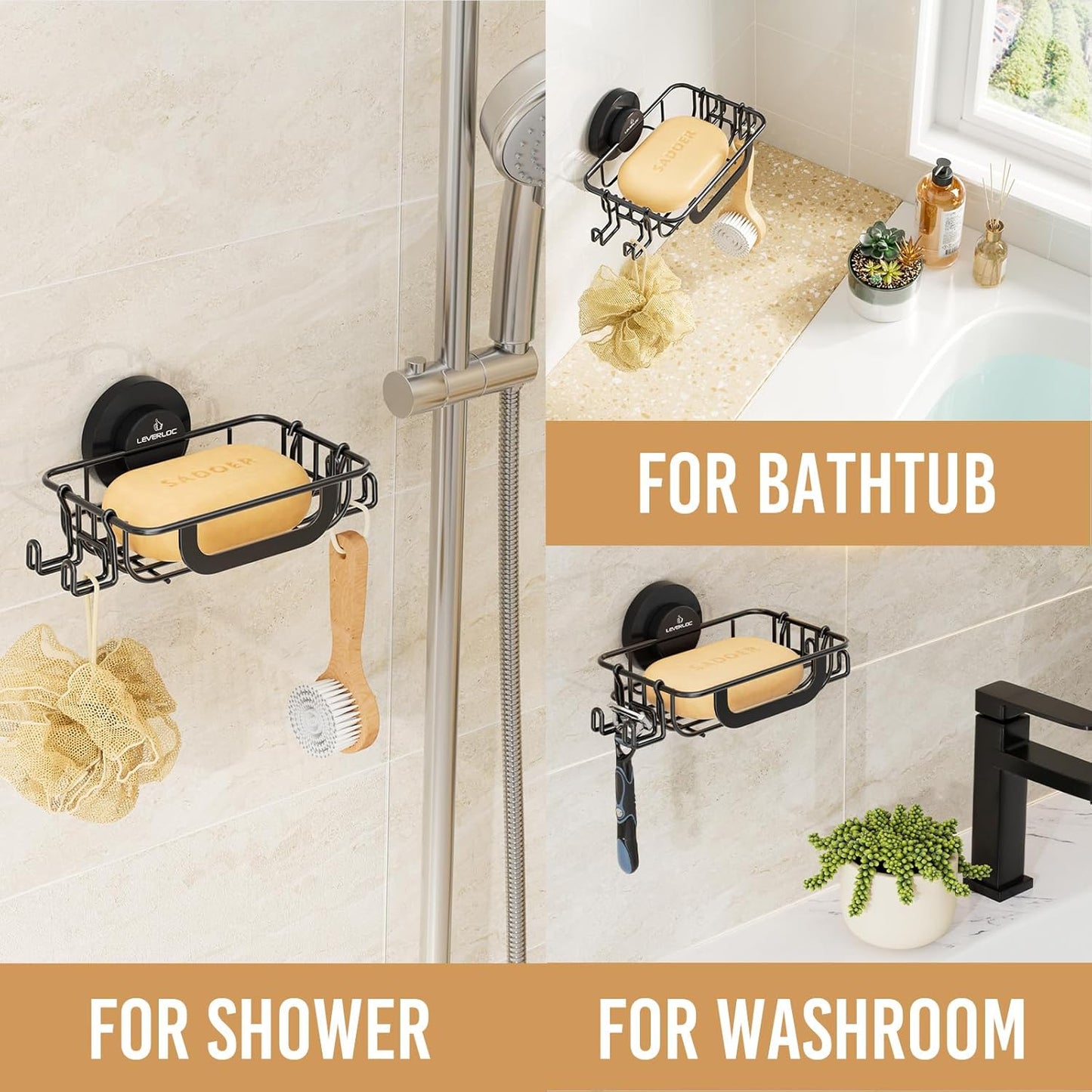 LEVERLOC Soap Holder Dish with Hooks for Shower, Bar Suction Cup Soap Tray Wall Mounted, Rustproof Stainless Steel Sponge Holder Caddy for Bathroom Bathtub Kitchen Sink, Black