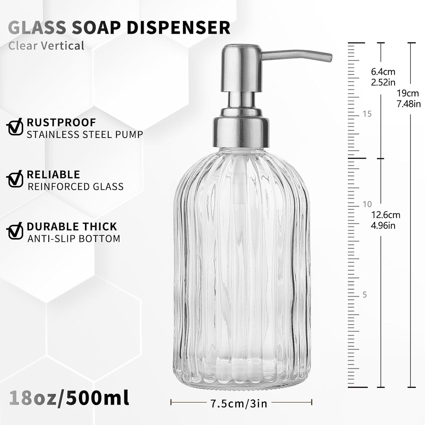 Clear Glass Soap Dispenser with 304 Rustproof Stainless Steel Pump 18oz for Kitchen and Bathroom Hand Soap Dispneser Bottle