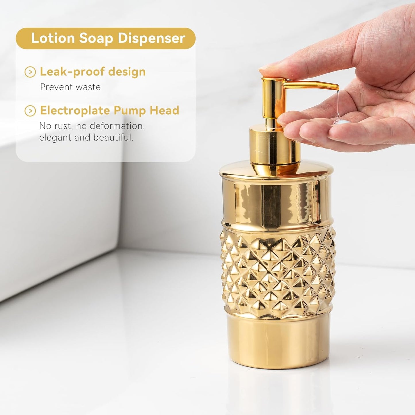 3-Piece Gold Ceramic Bathroom Accessories Set - Luxurious Soap Dispenser, Toothbrush Holder & Soap Dish with Modern Geo Embossed Design for Bathroom Accessory Set