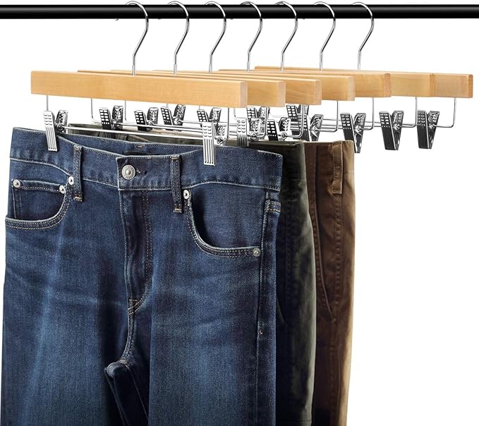 AMKUFO 20pcs Wooden Pants Hangers Solid Pants Hanger with Adjustable Clips 14 Inch Natural Wood Skirt Hangers Trousers Bottom Hanger with Non-Slip Clips and 360° Swivel Hook