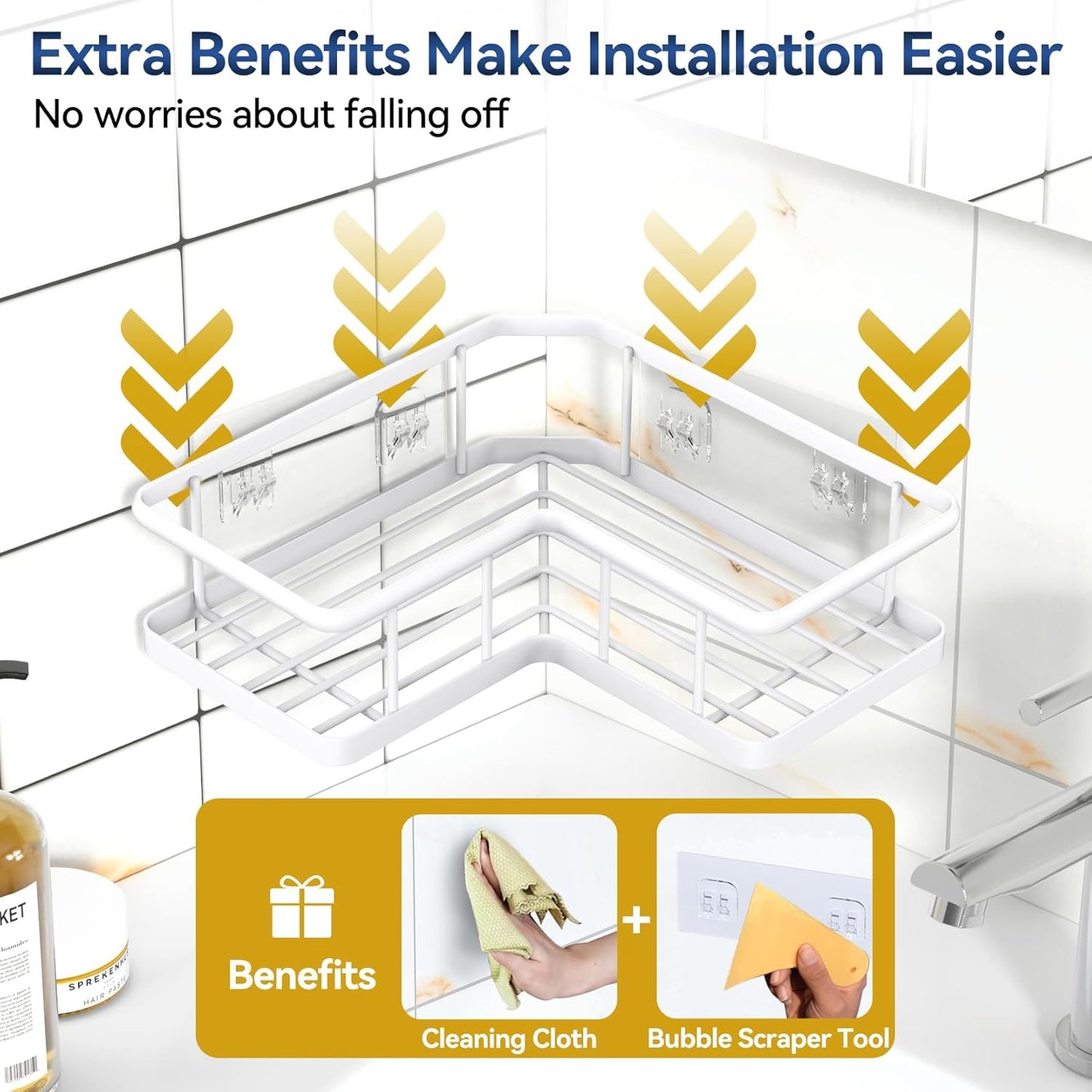 YASONIC Shower Caddy Corner, 3-Pack Adhesive Rustproof Stainless Steel Shower Shelves with Soap Holder, No Drilling Shower Organizer Corner for Dorm, Renters Bathroom, White