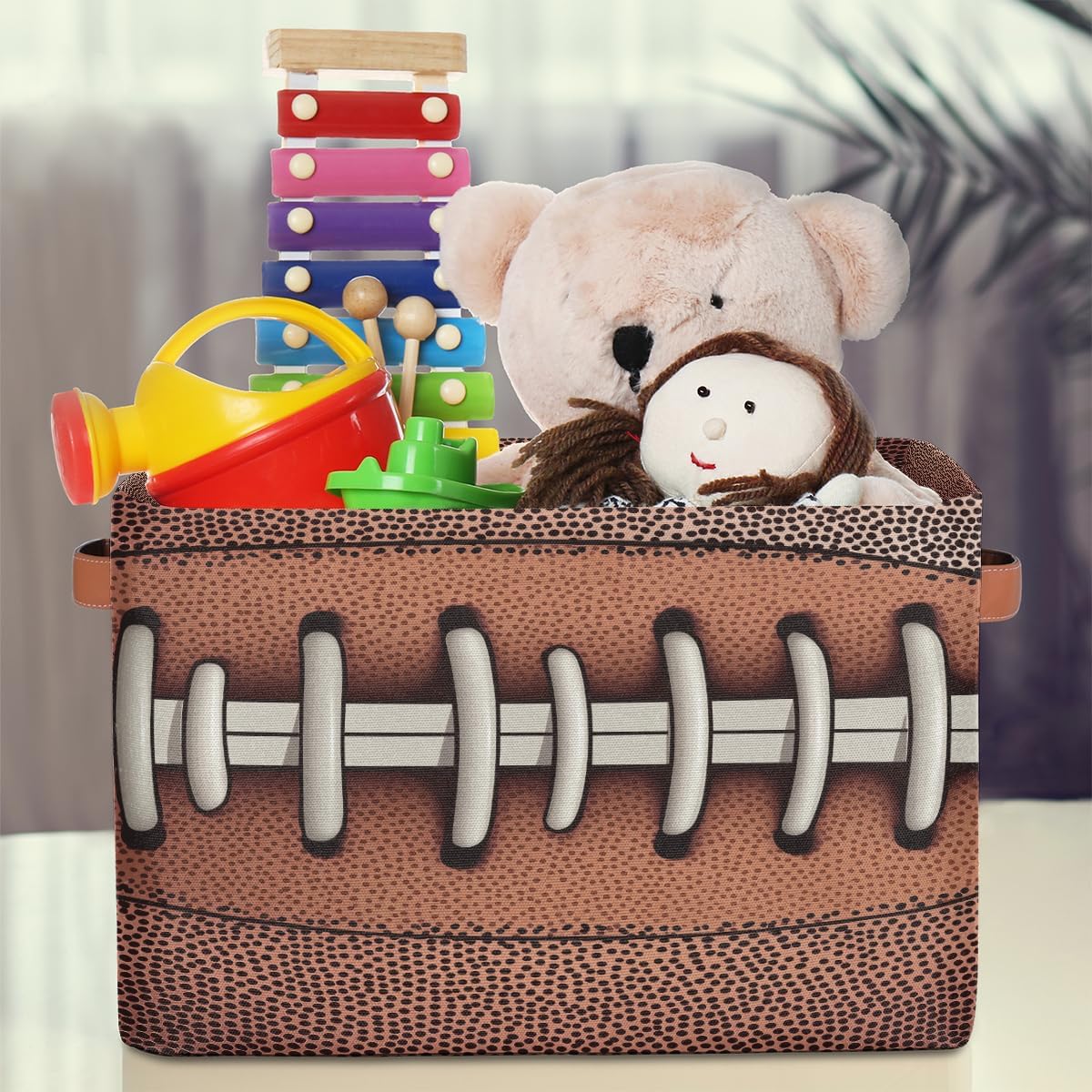 American Football Storage Basket for Shelves, Storage Bins with Handles, Collapsible Basket for Organizing, Closet Toy Baskets for Nursery Room, 15x11x9.5 in, Canvas, Retro Football