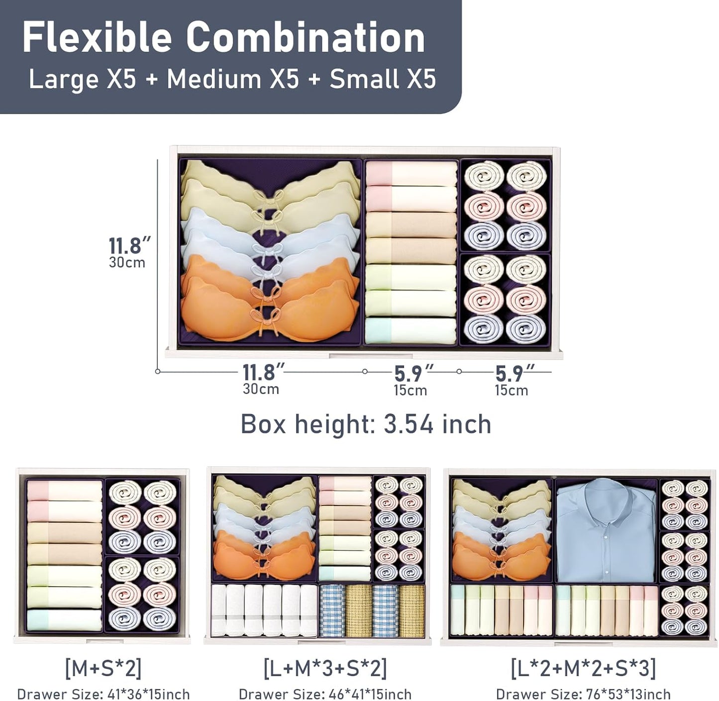 DIMJ Drawer Organizer Clothes 15 Pack - Foldable Baby Organizers and Storage & Dresser Organizer for Bedroom, Closet - Nursery Organization Dresser Dividers for underwear, Sock,Bra, Belt, Tie, Purple