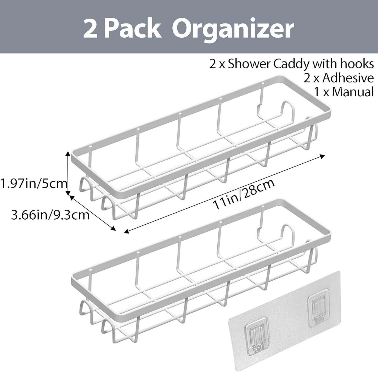 Shower Caddy Organizer with Hooks,Self Adhesive Bathroom Shelves,No Drilling Bathroom Organizers and Storage,Perfect for RV, Apartment, Home Decor,2 Pack White