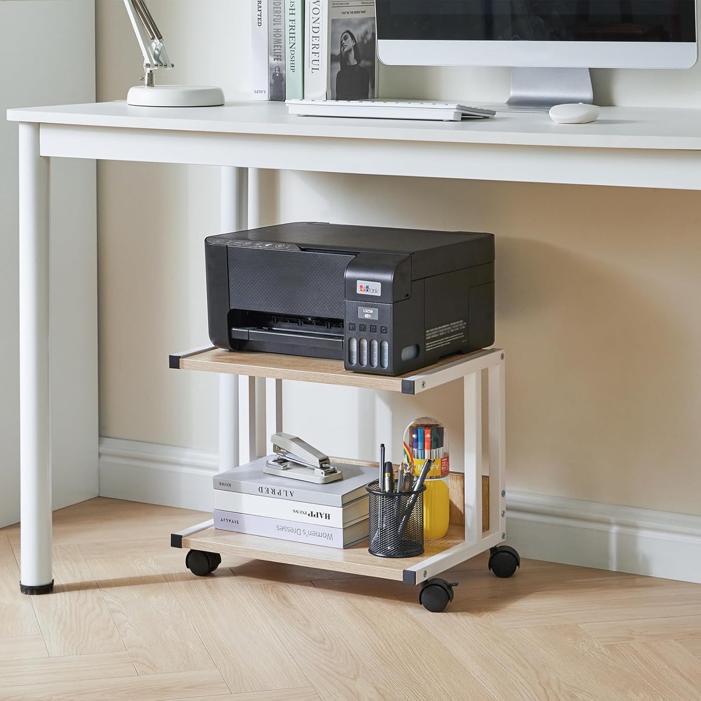 IBUYKE Under Desk Printer Stand, 2-Tier, Mobile Home Desktop Organizer Shelf with 4 Wheels, for Printer, Fax, Home Office Use, Light Wood UTLJ007R