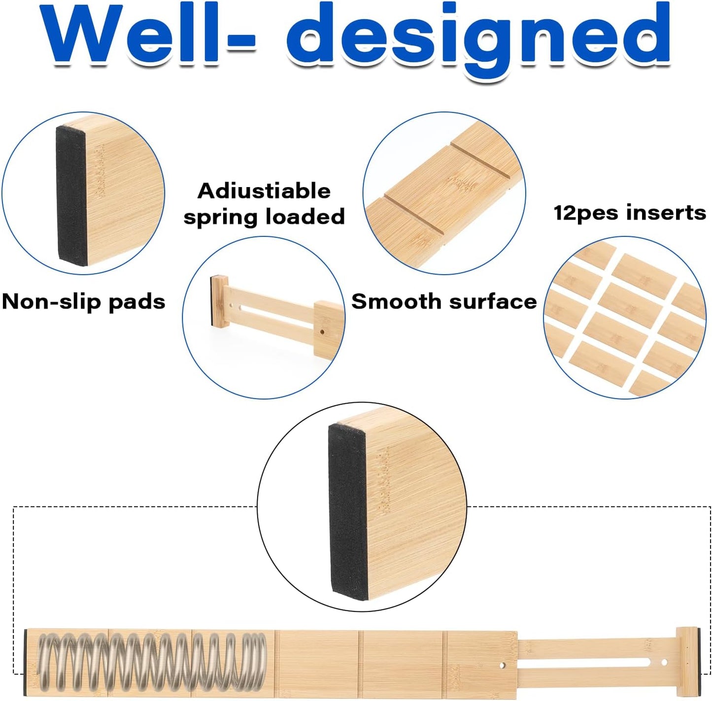 6 Pack Bamboo Drawer Dividers with 12 Inserts Expandable Adjustable 17" to 22" Drawer Organizers Separators for Kitchen, Bedroom, Home, Clothes, Dressers, Office