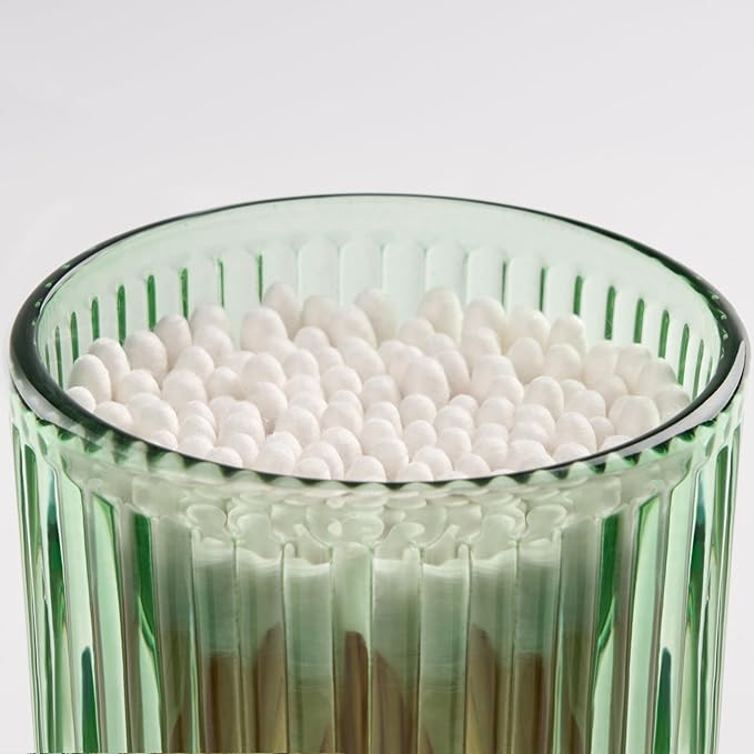 2 Pack Qtip Holders for Bathroom, Clear Glass Apothecary Jars with Lids,Vintage Bathroom Canisters for Cotton Balls,Swabs,Floss Picks,Hair Ties,Vanity Organizer and Storage Decor (Green)