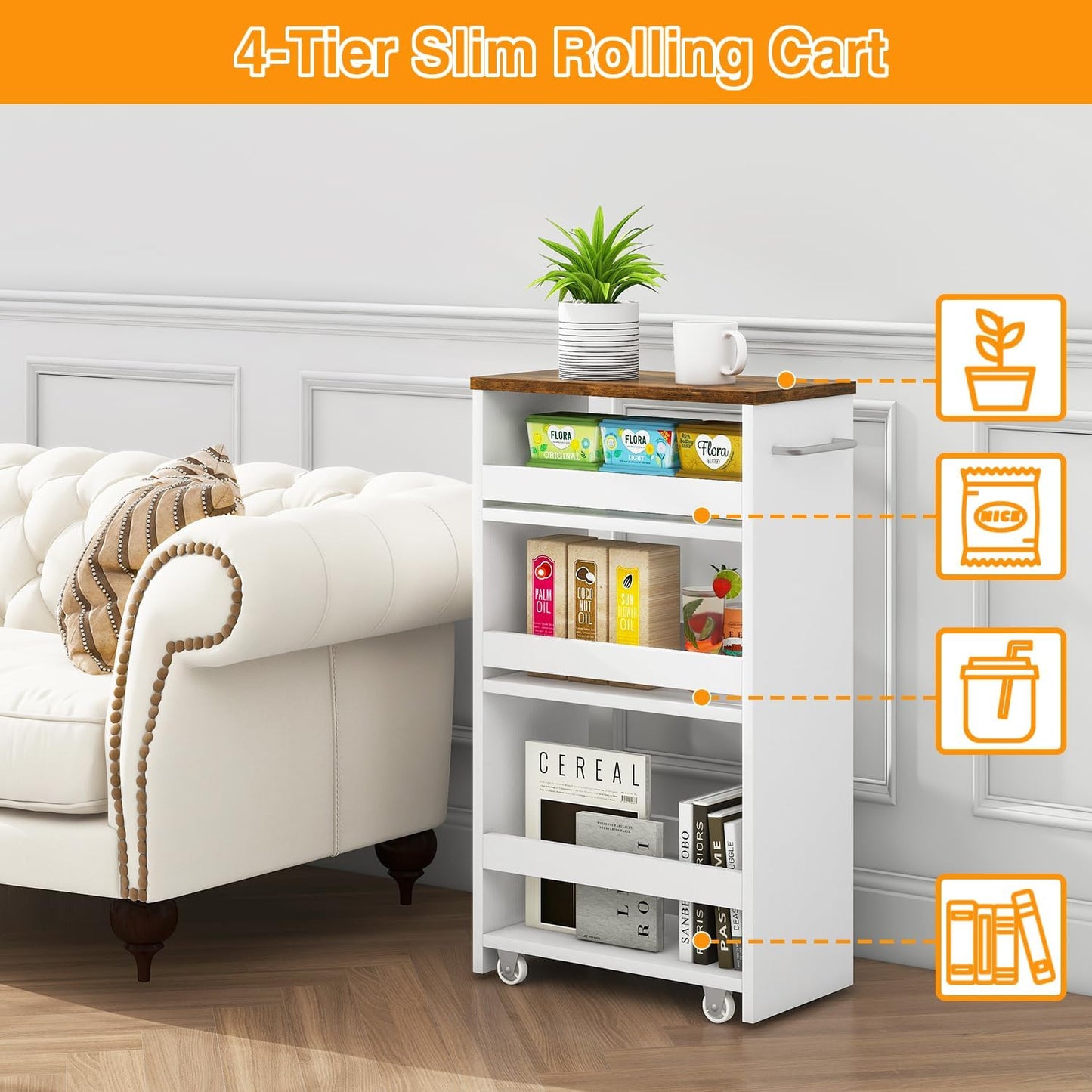 IBUYKE Slim Storage Cart 7.9" W, Rolling Kitchen Storage cart on Wheels for Small Spaces, 4-Tier Laundry Cart with Handle, Slide Out Utility Cart for Kitchen, Bathroom, Laundry,White UWST005W-L