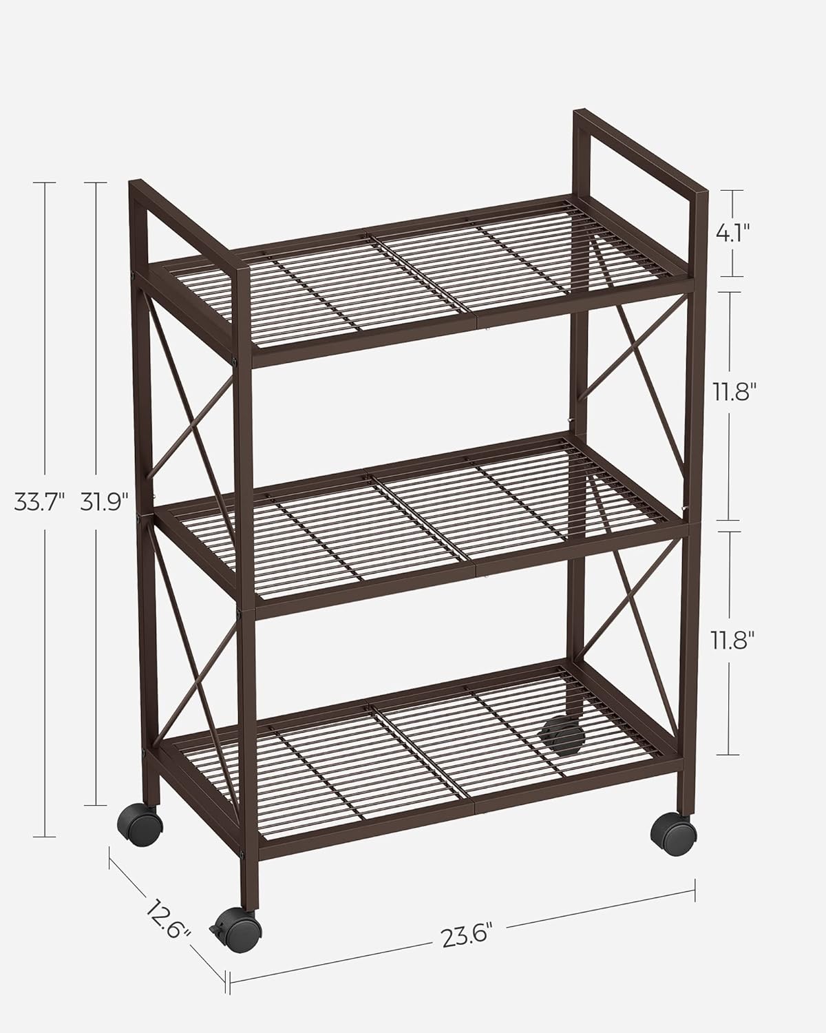 SONGMICS 3-Tier Metal Storage Rack with Wheels, Mesh Shelving Unit with X Side Frames, 23.6-Inch Width, for Entryway, Kitchen, Living Room, Bathroom, Industrial Style, Metallic Bronze UBSC163A01