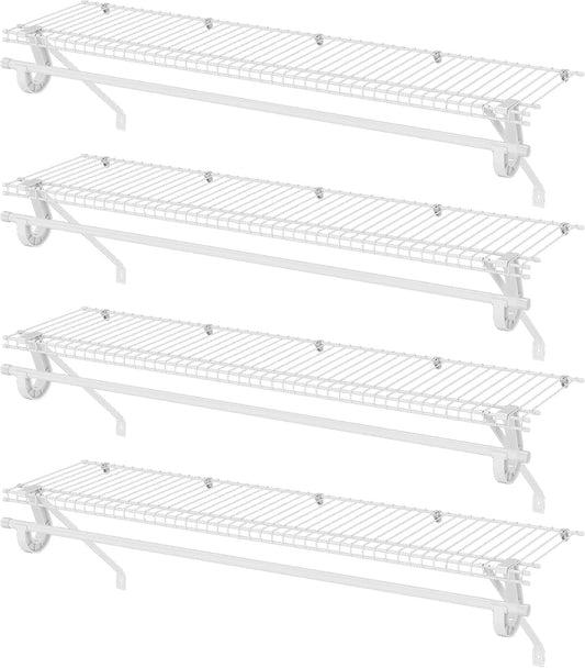 Closet Shelves Wall Mounted with Hanging Rod, 4 Pack 4 ft x 12 in White Wire Shelving Kit, Metal Wall Shelf Organizer for Home, Pantry, Laundry Room Storage
