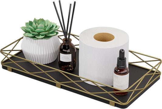 Toilet Paper Basket Holder, 13" Bathroom Tray Countertop, Wood and Metal Toilet Tank Tray Bathroom Vanity Organizer for Toiletry, Kitchen Sink Organizer for Soap Dispenser (Black + Gold)