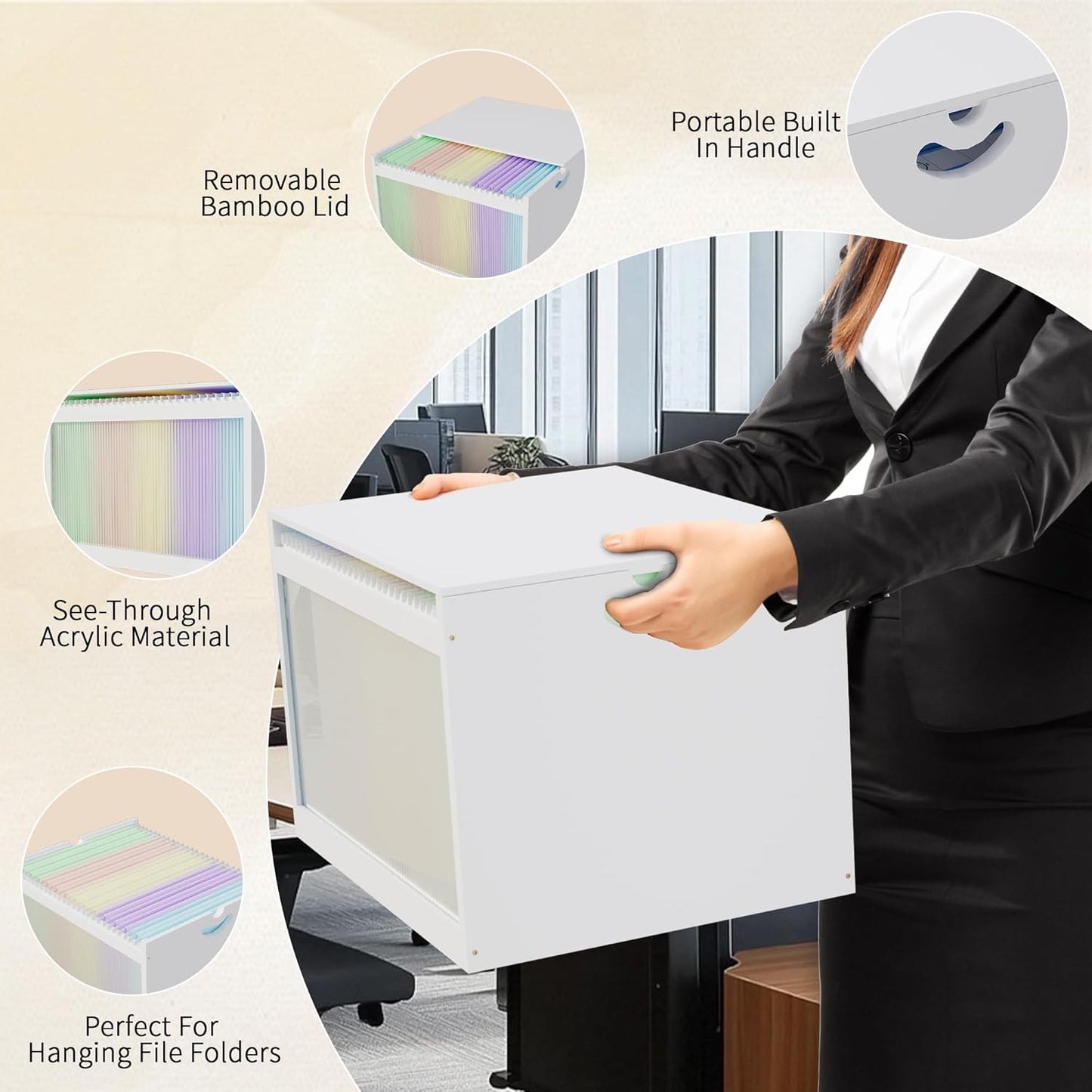 White Bamboo Acrylic File Box with Hanging Folders, Letter/Legal Size, Dustproof, Home Office File Organizer