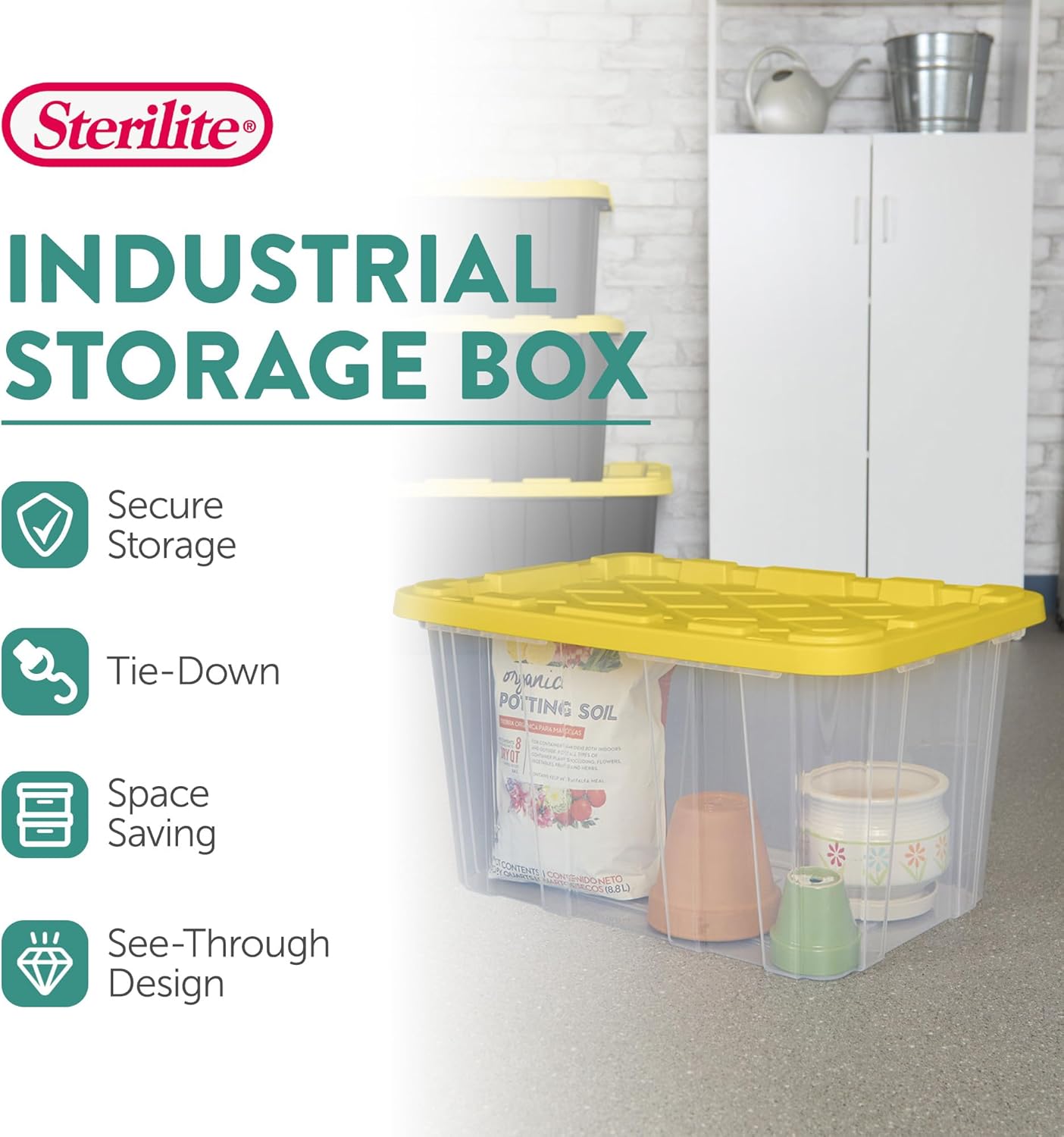 Sterilite 16-Pack Industrial Storage Box, Clear Plastic Organizer Bins with Handles, 27 Gallon, Yellow - Stackable Container Boxes for Bedroom, Bathroom, Garage, and Office Organization