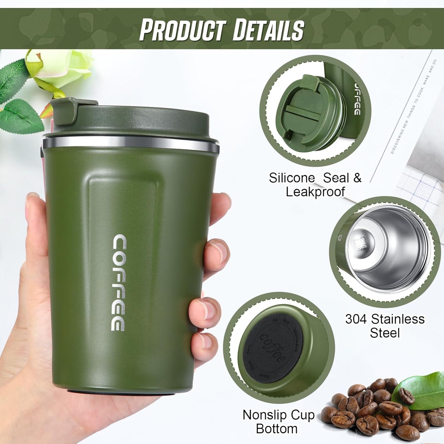 Sieral 4 Pcs 13 oz Travel Coffee Mug Insulated Reusable Coffee Cups with Leakproof Lid Stainless Steel Portable Tumbler for Keep Hot or Ice Milk Tea(Black, White, Navy Blue, Green)