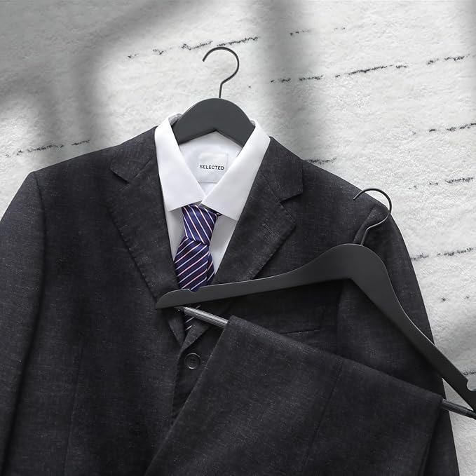 TOPIA HANGER Premium Wooden Hangers, Luxury Boutique Wood Hangers with Extra Thick Hook and Non Slip Pants Bar, Heavy Duty Coat Hanger with Notches 16 Pack, Black -CT01B