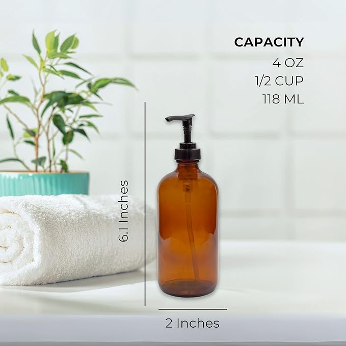 Cornucopia Brands 4oz Amber Glass Pump Bottles (Pack of 4) Great for Lotions, Liquid Soap, Aromatherapy and More