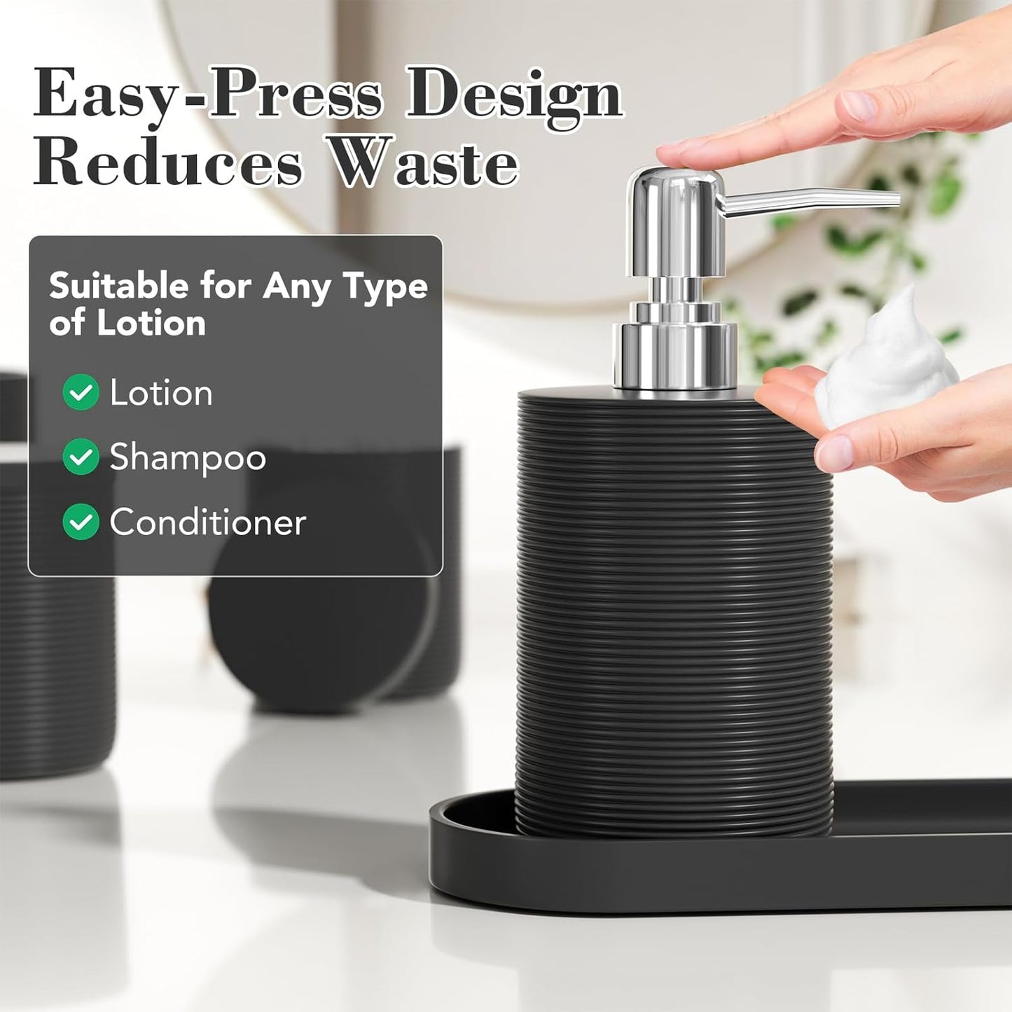 6-Piece Bathroom Accessory Set Resin, Black Bath Accessories Complete with Toothbrush Holder, Lotion Soap Dispenser, 2 Qtip Holders,Vanity Tray,Bathroom Tumbler - Countertop Vanity Organizer