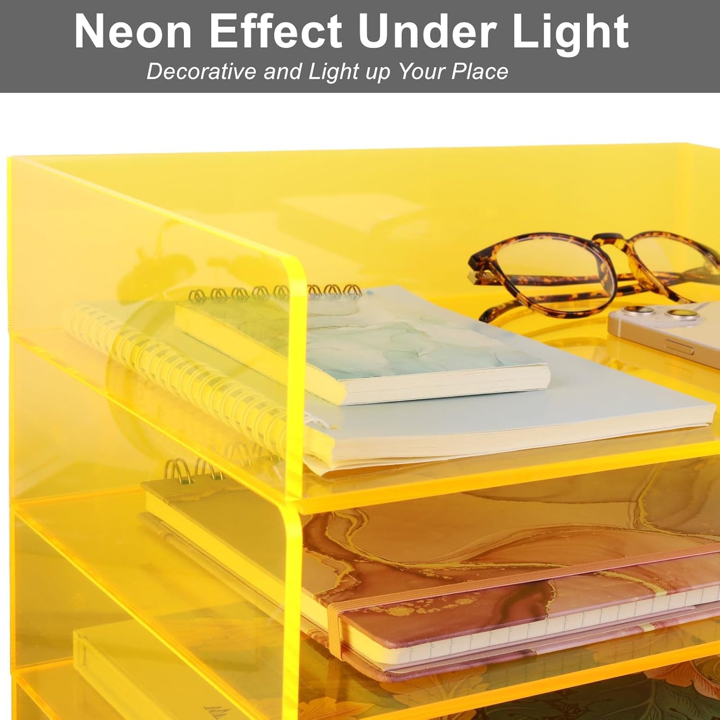 Acrylic File Organizer for Desk 4 Tiered Stackable Letter Tray Office Paper Storage Desktop Document Sorter, Neon Yellow