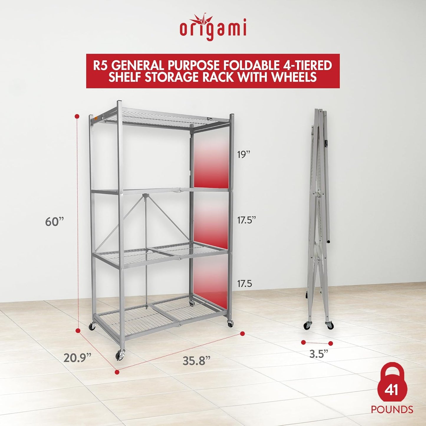 Origami 2 Pack 4 Tier Foldable Metal Garage Storage Shelf Rack, Wheels & Powder Coated Steel, Silver