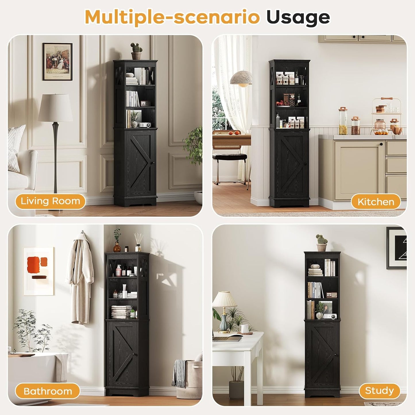 Farmhouse 60.9" H Tall Narrow Storage Cabinet with Door and Open Adjustable Shelves, Freestanding Organizer for Bathroom, Kitchen, Entryway, Wooden Tower Corner Cabinet, Black