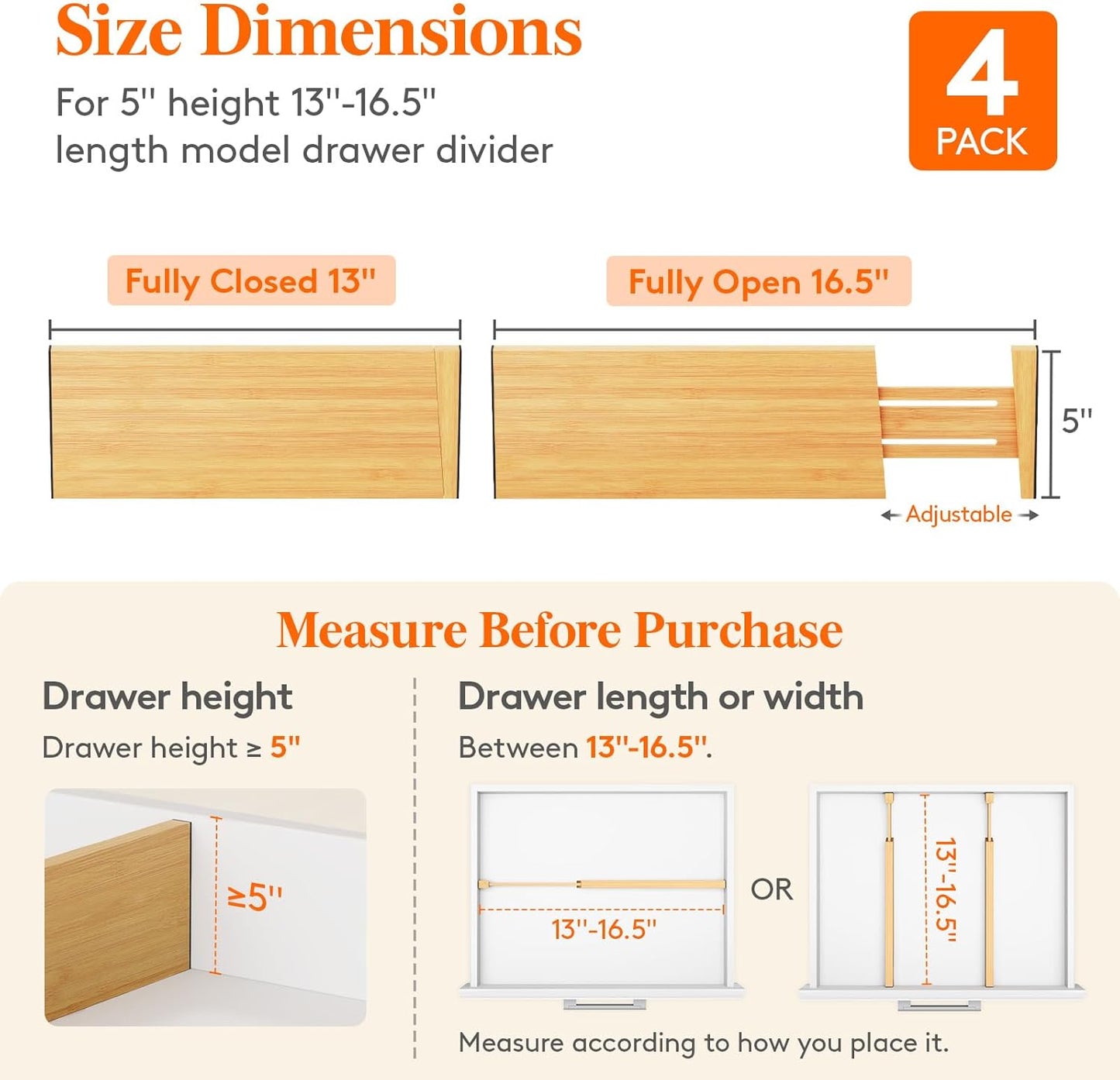 Lifewit 4 Pack 5" Deep Bamboo Drawer Dividers, 13-16.5" Expandable Drawer Organizers for Clothes, Adjustable Dresser Drawer Divider, Clothing Drawer Separators for Dresser, Bedroom, Bathroom, Kitchen